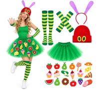 7 Pcs Caterpillar Costume Set Includes Red Knitted Beanie Hat Headband Socks Skirt Glove Felt Foods Fruits Dots of Glue for Halloween World Book Day Fancy Dress