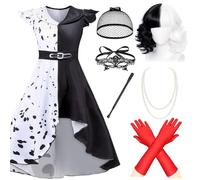 7 Pcs Cruella Deville Costume Set for Girls, Halloween Carnival Party Fancy Dress Up Outfits World Book Day Costume Movie Cosplay with Dalmatian Black White Dress Wig for Kids Halloween Party-130