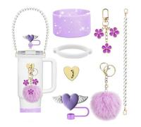 7 PCS Cup Accessories Set for Stanley Tumbler 30oz&40oz, Heart Accessories Set, Including lanyard, straw cap, pom-pom pendant, flower pendant, heart hook Valentine's Day Gifts (Purple)