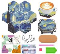 7 PCS Diamond Art Coasters, Hexagon Coaster Van Gogh Starry Night Diamond Painting Kit for Adults Beginners, Full Drill Diamond Art Craft Supplies