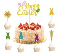 7 Pcs Easter Cake Decorations Easter Bunny Carrots Flower Decorations Cupcake Decoration Kit Supplies Creative Colors Cake Topper With Sticks Perfect for Cakes, Desserts, Parties, Photo Shoot