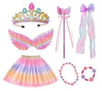 7 Pcs Fairy Costume for Girls, Butterfly Fairy Wings Kids Party Dress Up Kit with Crown Headband Skirt Magic Wand Necklace Bracelet Hair Clip Kids Angel Princess Outfit for Parties and Role Play