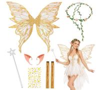 7 Pcs Fairy Wings, Angel Costume Accessories, Butterfly Wings Adults, Sparkling Sheer Wings with Butterfly Wings Flower Crown Elf Ears for Adult Women Girls for Halloween Party Cosplay (Gold)