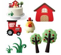 7 Pcs Farm Cake Toppers, Animal Cake Decorations Set for Birthday Parties, Includes Tractor, Cow, Chicken, Trees and Grass, Perfect for Farm Themed Celebrations
