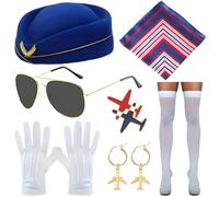 7 Pcs Flight Attendant Accessories Set for Women,Airline Stewardess Hat,Scarf,Glasses,Earring Gloves, Pin,Cosplay Outfit for Adults Girls Theme Cosplay Dress up Party