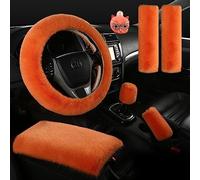7 Pcs Fuzzy Steering Wheel Cover Set Women Fluffy Car Accessories Armrest Console Covers Handbrake Seat Belt Cover Shoulder pad Gear Shift Cover Deco (Orange)