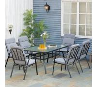 Outsunny 7Pieces Garden Dining Set, Outdoor Dining Table and 6 Cushioned Armchairs, Tempered Glass Top Table w/ Umbrella Hole, Texteline Seats, Black