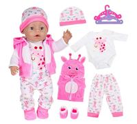 7 Pcs Giraffe Doll Clothes for 14-17 inch NewBorn Baby Doll, Pink Candy Baby Doll Clothes Outfit with Onesie Giraffe-Horn Coat Trousers Socks Hat Hangers, 35-45 cm Doll Accessories Sweet Gift for Kids