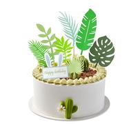 7 Pcs Green Leaf Inserts, 5 Pcs Writing Cake Cards, Green Leaf Decorative Cards, Forest Cake Decoration, Hawaiian Cake Cards, Cupcake Inserts, Suitable For Desserts And Party Cake Decorations