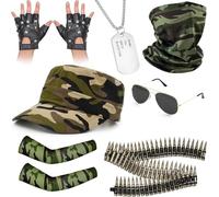 7 Pcs Halloween Costume Army Soldier Accessories Set for Adults Camouflage Pants, Hat, Bullet Belt, Tactical Gloves, Goggles, Dog Tag Necklace, and Face Scarf Military Cosplay and Party Outfit Kit