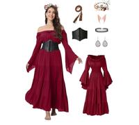 7 Pcs Halloween Medieval Renaissance Witch Dress for Women, Victorian Vintage Gothic Cosplay Fairy Costumes(Wine Red,XXL)