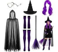 7-PCS Halloween Witch Costume Accessories Set, Wicked Witch Hat Fancy Dress | Witch Set for Women Includes Wig, 150cm Mesh Cape, Glasses, Gloves, Socks,Purple Broom for Halloween, Cosplay, World Book Day