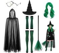 7-PCS Halloween Witch Costume Accessories Set, Wicked Witch Hat Fancy Dress | Witch Set for Women Includes Wig, 150cm Mesh Cape, Glasses, Gloves, Socks,Purple Broom for Halloween, Cosplay, World Book Day