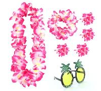 7 Pcs Hawaiian Fancy Dress Set,Hawaiian Flower Lei Set with Flower Garland,Pineapple Sunglasses,Headbands and Wristbands, Hawaiian Style Tropical Decoration for Summer Theme Party Beach Dance Perform