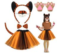 7 PCS Kids Tiger Costume Set Girls Tiger Costume Kit with Tiger Ear Headband Bow Tie Mask Glove Tail Tutu Skirt Tiger Fancy Dress for Kids Animal Cosplay Fancy Dress Up Theme Party World Book Day