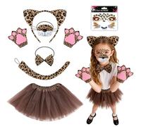 7 Pcs Leopard Costume Set, Animal Costume with Leopard Face Sticker Headband Bow Tie Nose Tutu Skirt Gloves Tail, Cat Animal Dress Up Kids for Halloween Carnival Cosplay Halloween World Book Day