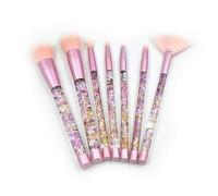 7-Pcs Makeup Brushes Clear Crystal Diamond Particle Handle, Makeup Brush Set, Quicksand Liquid Particle Sequins (Red flowing sand pink hair)
