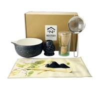 7 Pcs Matcha Set Whisk and Bowl Kit for Making Breakfast/Latte - Matcha Gift Set with Ceramic Bowl (Chawan), Bamboo Whisk & Holder, Scoop, Rest, Sifter & Tea Towel for Beginners and Enthusiasts