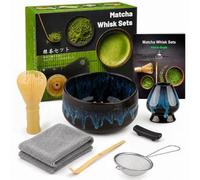 7 Pcs Matcha Whisk Set with Sand Gold Kiln-Changed Bowl, Yellow Stirrer & Complete Accessories, Authentic Tea Ceremony Supplies for Breakfast and Matcha Latte Making