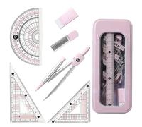 7 Pcs Maths Set, Maths Sets For Secondary School, Compass Maths - Protractor And Compass Set For Students' Mathematics Teaching And Learning Drawing Geometric Figures Kids Stationery Gifts (Pink)