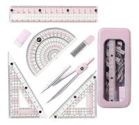 7 Pcs Maths Set, Maths Sets for Secondary School, Geometry Sets for Secondary School, Protractor and Compass Set, Learning Drawing Geometric Figures Kids Stationery Gifts (Pink)