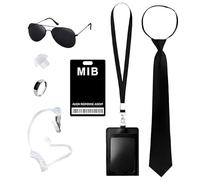 7 Pcs Men in Black Costume Accessories,Agent Costume Accessories,Includes Sunglasses,Walkie-Talkie Cord,Earplugs,Tie,ID Card,Card Holder,Ring,for Adult Carnival Halloween Role-Playing Costumes