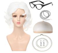 7 Pcs Old Lady Costume Cosplay Set,White Curls Grandmother Grandma Fancy Dress Kit Granny Wig Cap Glasses with Chain Pearl Bracelet Necklace Earrings for Carnival Masquerade Halloween World Book Day