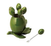 7 PCS Olive Cocktail Picks Set with Holder, Reusable Appetizer Forks for Cheese, Fruit, Snacks, Party or Bar Use, Polyresin Holder and 6 Pack Stainless Steel Picks