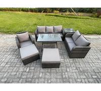 7 PCS Outdoor Lounge Sofa Set Wicker PE Rattan Garden Furniture Set with Rectangular Dining Table Armchair 2 Big Footstool Side Table Fimous Dark Grey One Size