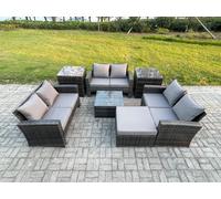 7 PCS Outdoor Lounge Sofa Set Wicker PE Rattan Garden Furniture Set with Square Coffee Table Double Seat Sofa Fimous Dark Grey One Size