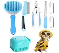 7 Pcs Pet Grooming Kit, Self-Cleaning Slicker Brush with Nail Clipper, Flea Comb, Bath Brush, Finger Toothbrush, Complete Set for Dogs Cats, Ideal for Home Grooming and Pet Owners