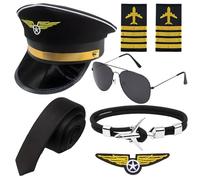 7 Pcs Pilot Costume for Kids Adult Set with Aviator Hat,Badge,Two Armband,Glasses,Tie and Aircraft Clasp Bracelet for Airline Captain Pilot Fancy Dress Costume Accessory