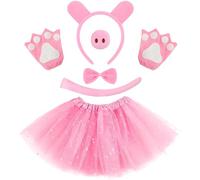 7 Pcs Pink Pig Costume Kids Set Including Pink Tutu Skirt Headband Bow Tie Pig Nose Tail and a Pair of Gloves for teachers' world book day costumes and Fancy Dress Up Party