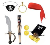 7 Pcs Pirate Accessories Set, Pirate Bandana Eye Patch Telescope Plastic Sword Earring Wallet and Gold Coins, Pirate Costume for Storybook Theme Dress Up Cosplay Party, Adults and Kids, Black Red