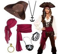 7 Pcs Pirate Costume Accessories Set for Women Men, Pirate Fancy Dress pirate Accessories with Classic Tricorn Hat Red Bandana Belt Eye Patch Belt Necklace Bracelet Earring for Carnival Cosplay Party
