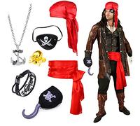 7 Pcs Pirate Costume Accessories Set - Pirate Eye Patch, Ring, Head Scarf, Necklace for Adults & Kids - Halloween