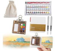 7 PCS Pocket Artist Watercolour Travel Set - 8 Grids Travel Watercolour Paint Set Portable, Mini Watercolour Painting Sets Travel with Foldable Wooden Palette, Sketchbook, Brush, Paint (White)