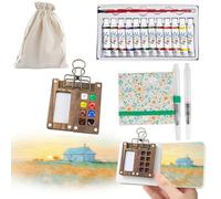 7 PCS Pocket Artist Watercolour Travel Set - 8 Grids Travel Watercolour Paint Set Portable, Mini Watercolour Paint Set Travel, Painting Set with Foldable Wooden Palette, Sketchbook, Brush (Green)