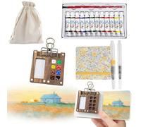 7 PCS Pocket Artist Watercolour Travel Set - 8 Grids Travel Watercolour Paint Set Portable, Mini Watercolour Paint Set Travel, Painting Set with Foldable Wooden Palette, Sketchbook, Brush (Yellow)