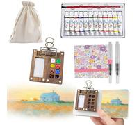 7 PCS Pocket Artist Watercolour Travel Set - 8 Grids Travel Watercolour Paint Set Portable, Mini Watercolour Paint Set Travel, Painting Set with Foldable Wooden Palette, Sketchbook, Brush, Paint (Pink