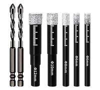 7 PCS Porcelain Tile Drill Bits Set, 6mm, 8mm, 10mm, 12mm, Round Shank Diamond Drill Bit, Dry Diamond Dri-ll Bits Glass for Granite, Ceramic, Marble Stone and Glass