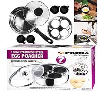 7 Pcs PRIMA 18cm Stainless Steel EGG POACHER | BOILER | S/S Saucepan | Cups | Frying Pan | Boiled | Poach | GLASS LID | NON-STICK Inserts | 4 Hole | Home | Kitchen | Cooker | Steamer UK FREE P&P