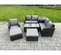 Fimous 7 Pcs Rattan Outdoor Garden Furniture Sofa Set Patio Table & Chairs Set with Side Table 2 Big Footstool Dark Grey Mixed