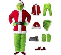 7 Pcs Santa Claus Costume Santa Costume Set, Including Mask Grinch Green Monster Suit for Adults, Christmas Party Cosplay Costume Theme Party, for Carnival Christmas Cosplay L