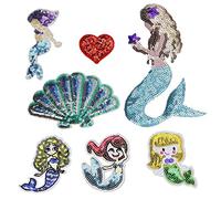 7 Pcs/Set Mermaid Sequin Patch, Iron on Sew on Sequin Embroidered Patch Motif Applique Set for Cloths DIY Costume