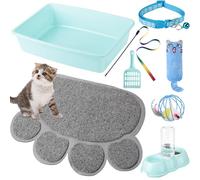 7 Pcs Small Cat Kitten Starter Kit Cat Litter Box with Shovel Paw Litter Mat Double Automatic Kitten Bowls Toy Teaser Stick Collar Essentials Kits for 1-3 Lbs Beginner(Simple,Blue)