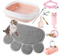 7 Pcs Small Cat Kitten Starter Kit Cat Litter Box with Shovel Paw Litter Mat Double Automatic Kitten Bowls Toy Teaser Stick Collar Essentials Kits for 1-3 Lbs Beginner(Stylish,Light Pink)