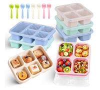 7 Pcs Snack Box with Compartments, 4 or 5 Compartments Snack Boxes for Kids, Reusable Bento Lunch Boxes with Transparent Lids, Snacks Pots With 7 Forks for School Work Travel(Pink/Beige/Green/Blue)