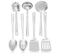 7 Pcs Stainless Steel Kitchen Utensils Set, Heavy Duty Cooking Tools with Hooks, Metal Spatula Set, Dishwasher Safe, Polished Kitchen Utensils for All Cooking Tasks(Silver,7)