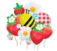 7 PCS Strawberry Balloons 40 Inch/Giant 4D Strawberry Balloon Daisy Red Plaid Bee/Cute Berry Birthday Party/Orchard-Themed Birthdays/Summer Picnic/Girl Birthday Outdoor Party